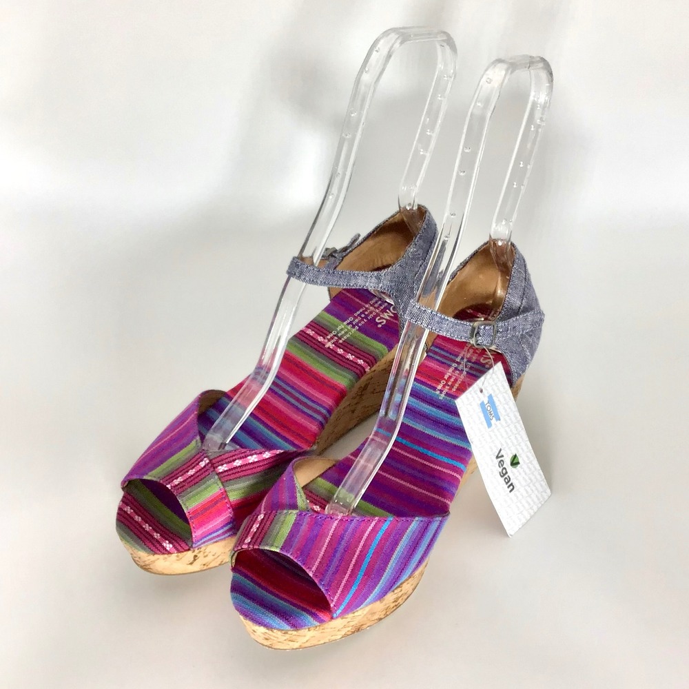 NEW TOMS Women's 9 Multicolor Fabric Wedge Sandals‎ Cork Heels Tribal Striped
